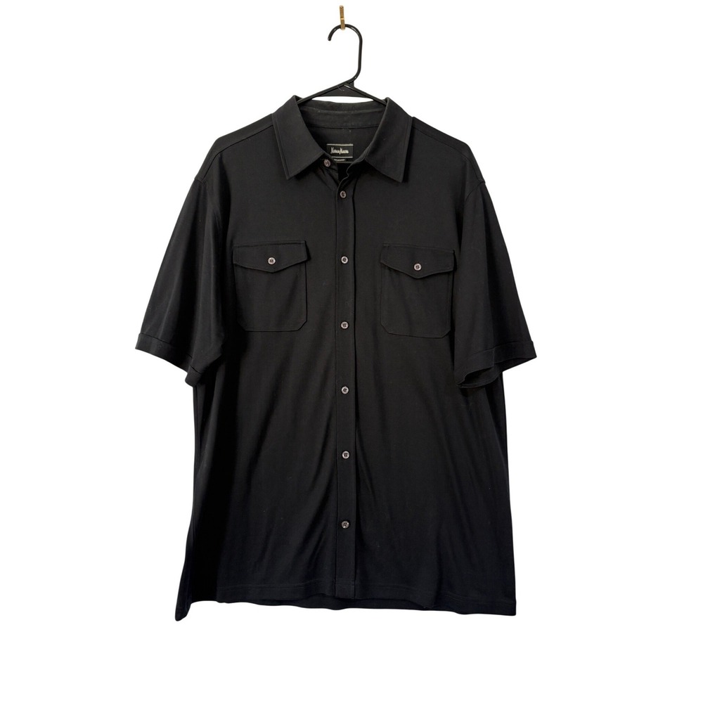 Neiman Marcus Mens XL Black Silk Cotton Short Sleeve Button Down Shirt